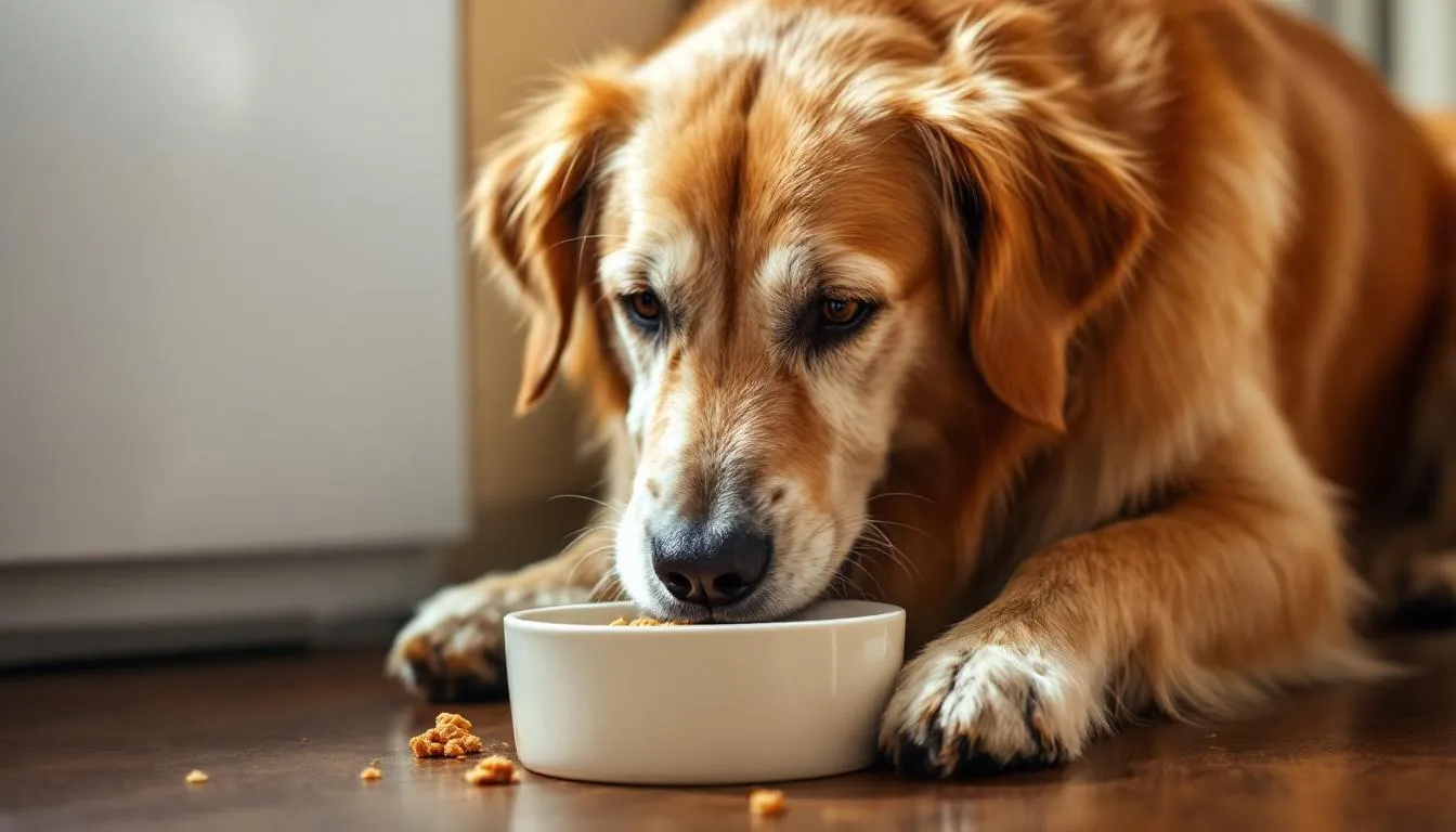 An elderly golden retriever is happily eating from a food bowl on a kitchen floor, enjoying a nutritious meal that could include sweet potatoes, which are beneficial for dogs