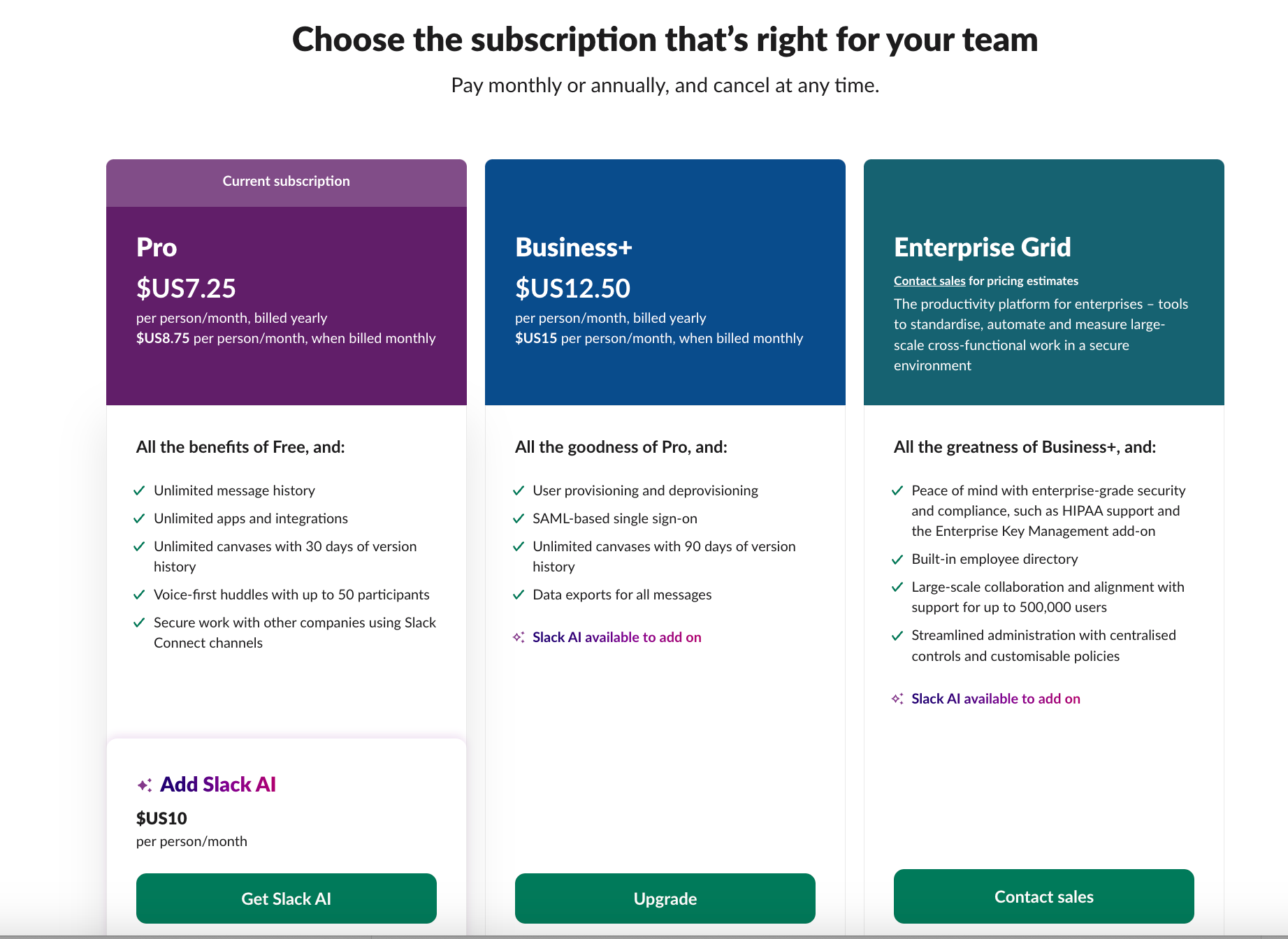 Slack’s pricing.