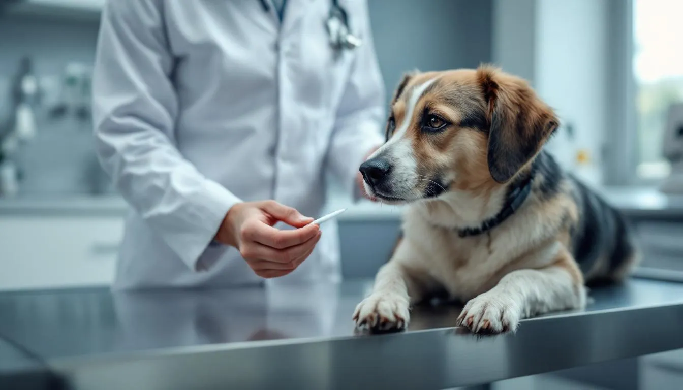 A veterinarian is gently collecting a nasal swab sample from a calm dog in a veterinary hospital, aiming to test for the canine influenza virus. This procedure helps diagnose respiratory infections in dogs, which can be highly contagious and lead to severe illness if not addressed.