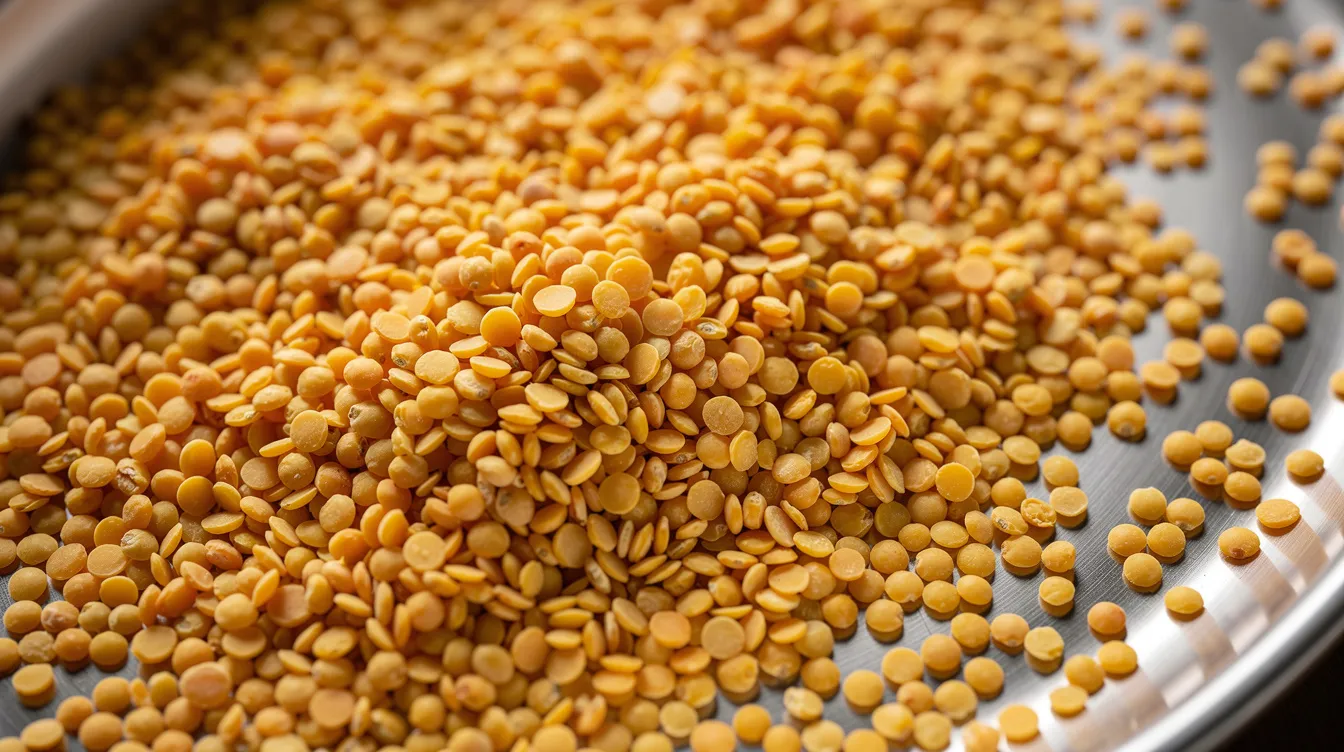 4738fda5 a73f 4cf1 a04f 232beb8e3477 A close-up view of clean golden split chickpea dal grains is displayed on a metal tray, showcasing their uniform particle size and vibrant color, essential for producing high-quality gram flour (besan) in the food processing industry. The image highlights the raw material that is crucial for besan mills, emphasizing its importance in the production process and the nutritional value it offers.