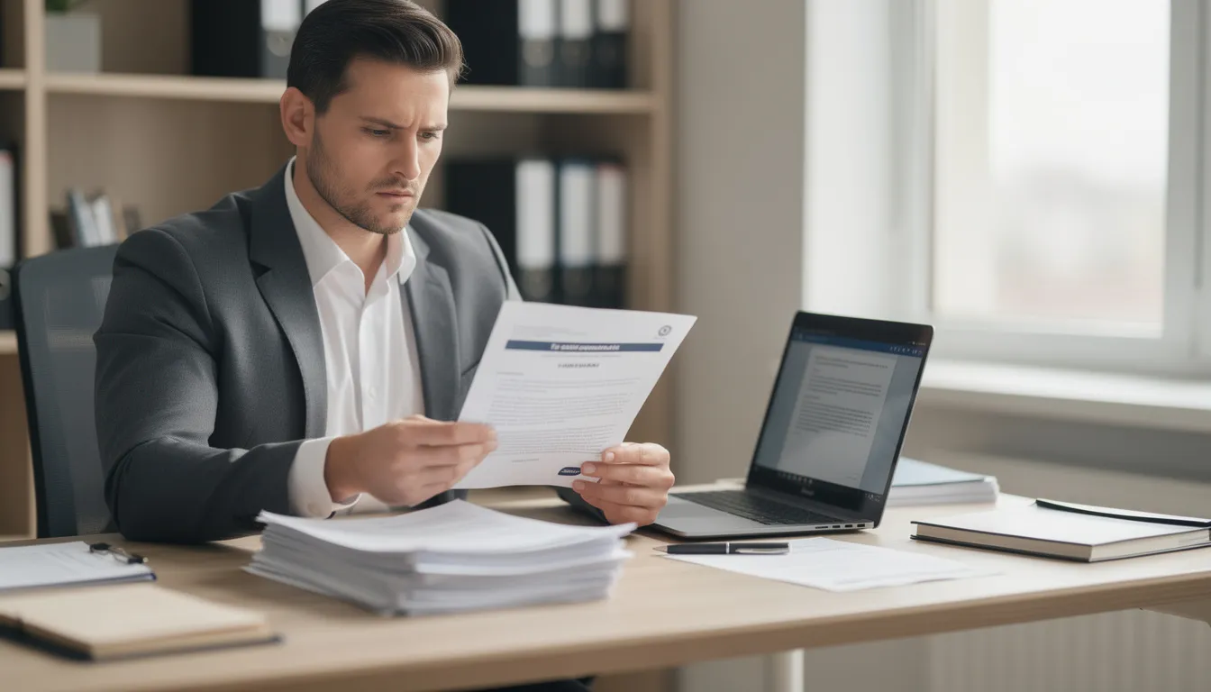 A professional, possibly an experienced workers compensation attorney, is seated at a desk reviewing legal documents alongside a laptop, highlighting the importance of navigating the workers compensation claims process for injured workers seeking fair compensation and financial support for medical expenses and lost wages.