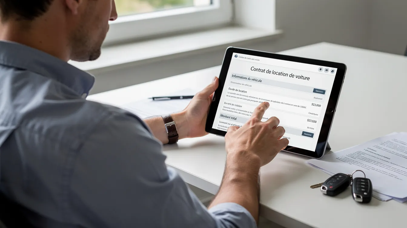 Une personne consulte des documents de location de voiture sur une tablette, examinant attentivement les conditions du contrat de location. L'image illustre l'importance de comprendre les clauses d'assurance et les responsabilités en cas d'accident pour une location de véhicule.