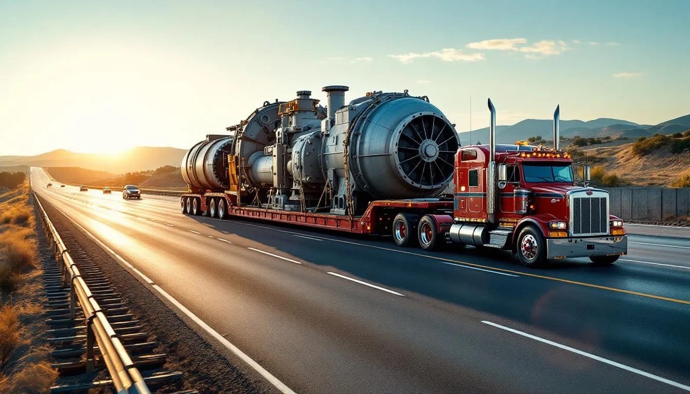 Un grand camion industriel transporte des machines lourdes sur une autoroute, illustrant l'importance du transport dans la logistique et la chaîne d'approvisionnement des entreprises. Ce type de service est essentiel pour la gestion des expéditions et la livraison de marchandises en Amérique du Nord.