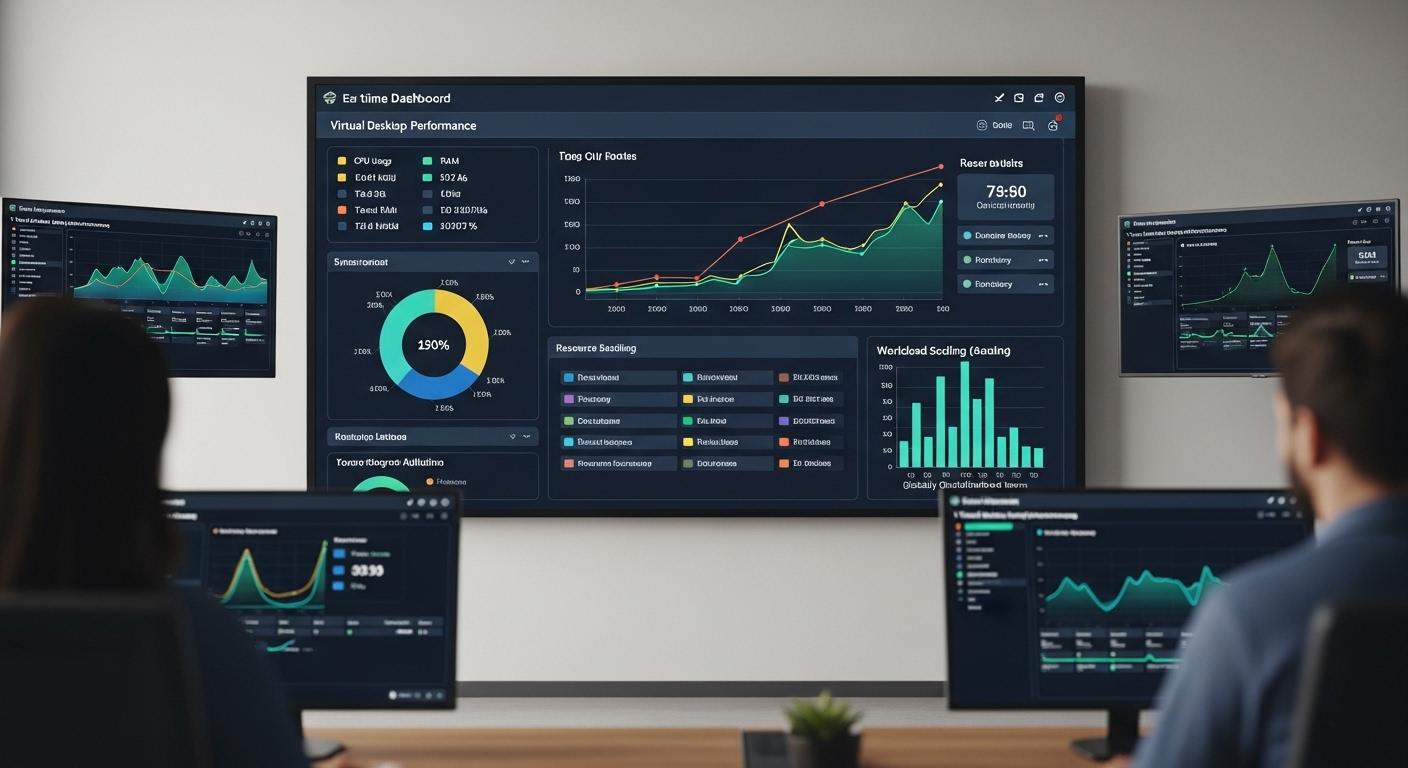 Enterprise dashboard monitoring virtual desktop performance, user growth, resource allocation, and workload scaling across distributed teams