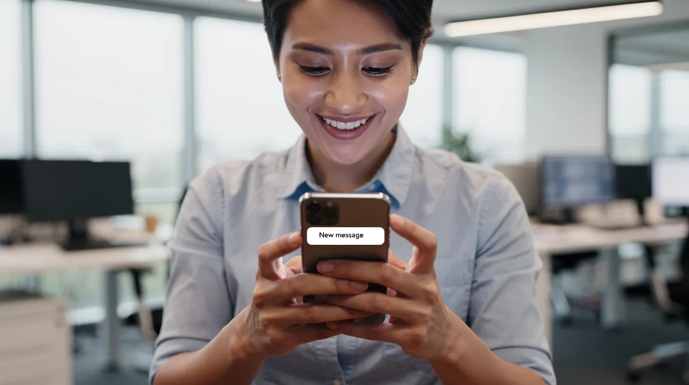 A person is smiling while looking at a smartphone that displays a notification, set in a bright office environment. The cheerful atmosphere suggests a positive interaction, possibly related to personal finance or a loan application process.