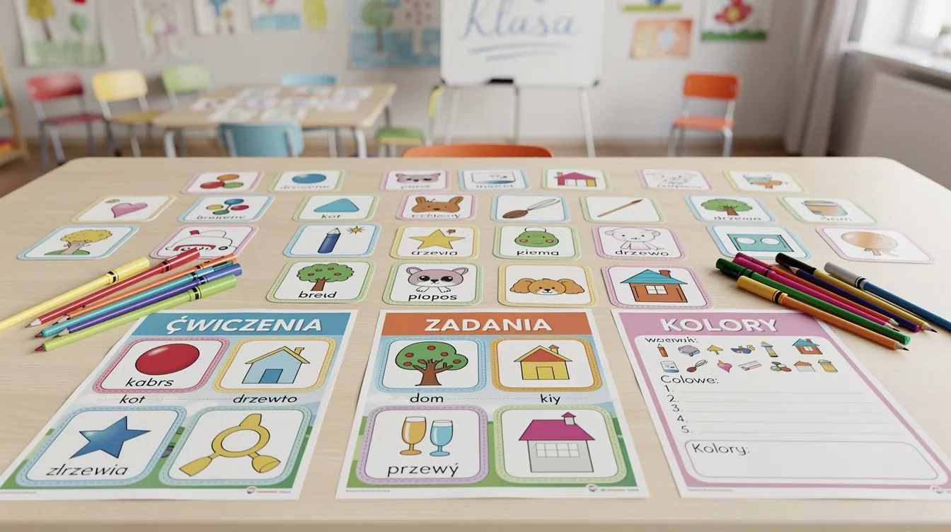 Na biurku w klasie rozłożone są kolorowe pomoce dydaktyczne oraz wizualne karty pracy, które wspierają uczniów w indywidualnych potrzebach edukacyjnych, w tym dzieci ze spektrum autyzmu. Materiały te mają na celu ułatwienie pracy grupowej oraz rozwijanie umiejętności społecznych i emocjonalnych uczniów.