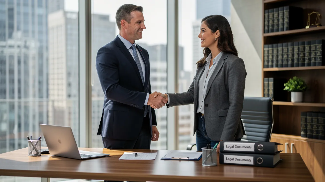 The image shows an attorney shaking hands with a client in a professional office setting, symbolizing a collaborative relationship in legal proceedings. This interaction may involve discussions about expert witness testimony and the preparation necessary for trial cases.