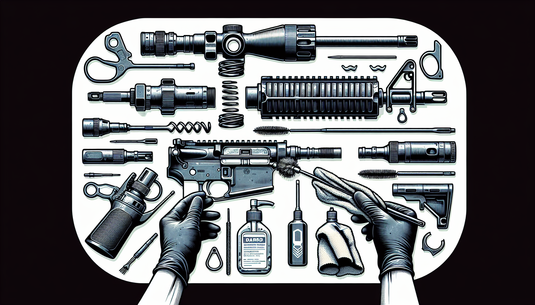 Illustration of disassembling the AR-15 rifle for cleaning