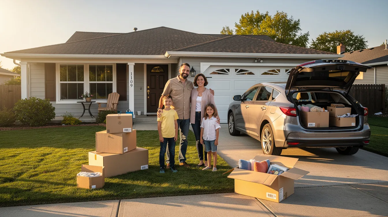 A family stands outside their home surrounded by moving boxes, with a car parked in the driveway, ready for their upcoming move. This scene captures the essence of preparing for cross country car transport, showcasing the family's transition to a new location.