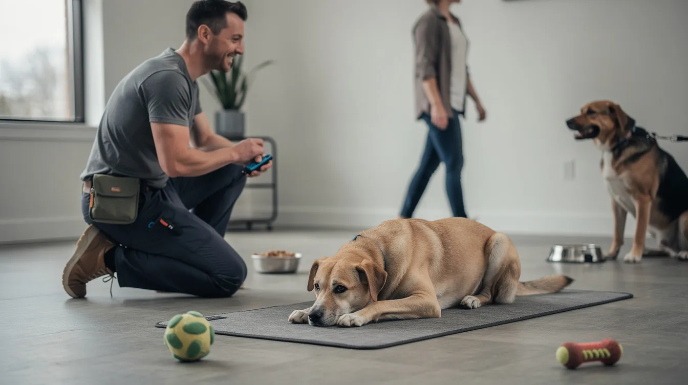 The image depicts a well-behaved dog lying calmly on a mat, showcasing effective mat training techniques. The dog appears relaxed in a down position, demonstrating self-control as it waits patiently while distractions occur around it.