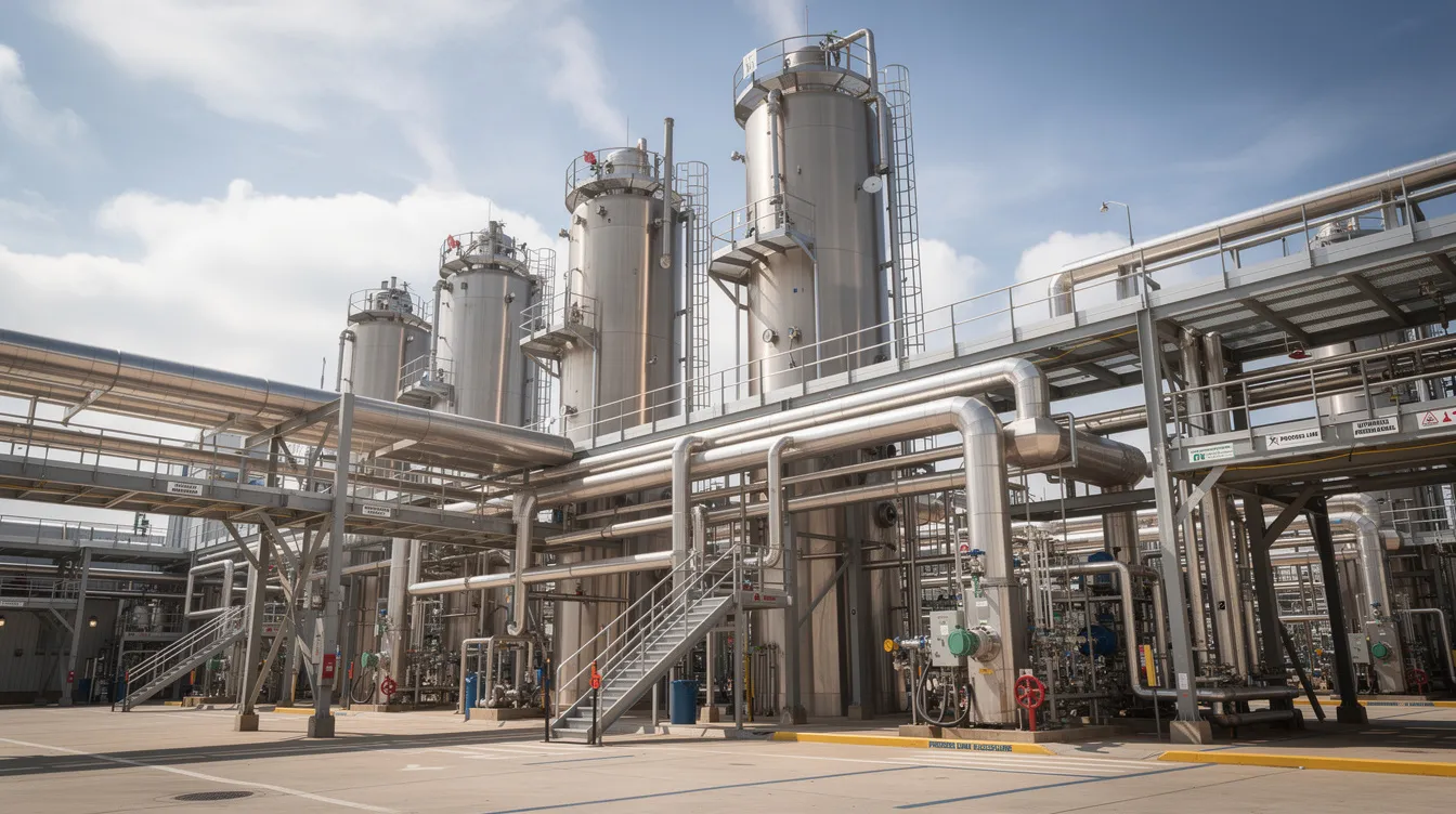 The image depicts a series of industrial distillation columns and intricate piping systems within a chemical processing facility, likely involved in bioethanol production. This setup is essential for the grain-based ethanol plant project, showcasing the machinery requirements for efficient ethanol production from raw materials like sugarcane and grains.