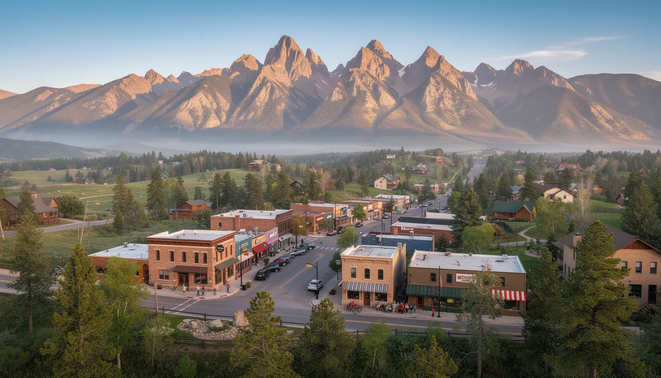 The image depicts a stunning Woodland Park mountain scenery, showcasing the vibrant downtown area filled with local community life. In the foreground, there are various shops and cafes where residents and visitors gather, emphasizing the connection between nature and the community, ideal for those seeking personal injury law support or workers compensation guidance.
