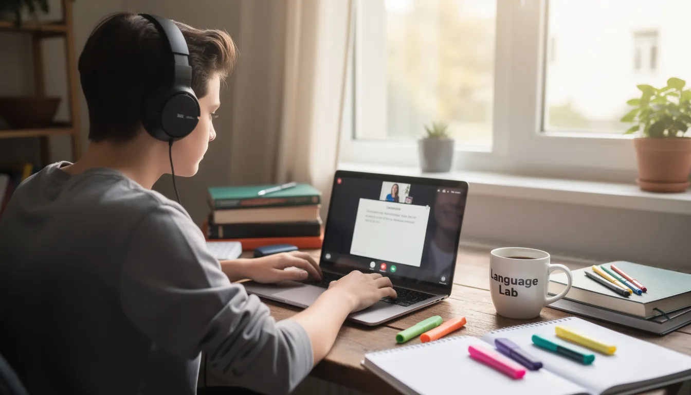 Młoda osoba uczy się języka hiszpańskiego podczas lekcji online, nosząc słuchawki. W tle widać książki oraz notatki, co sugeruje, że jest zaangażowana w naukę gramatyki i praktykę czasowników "ser" i "estar".