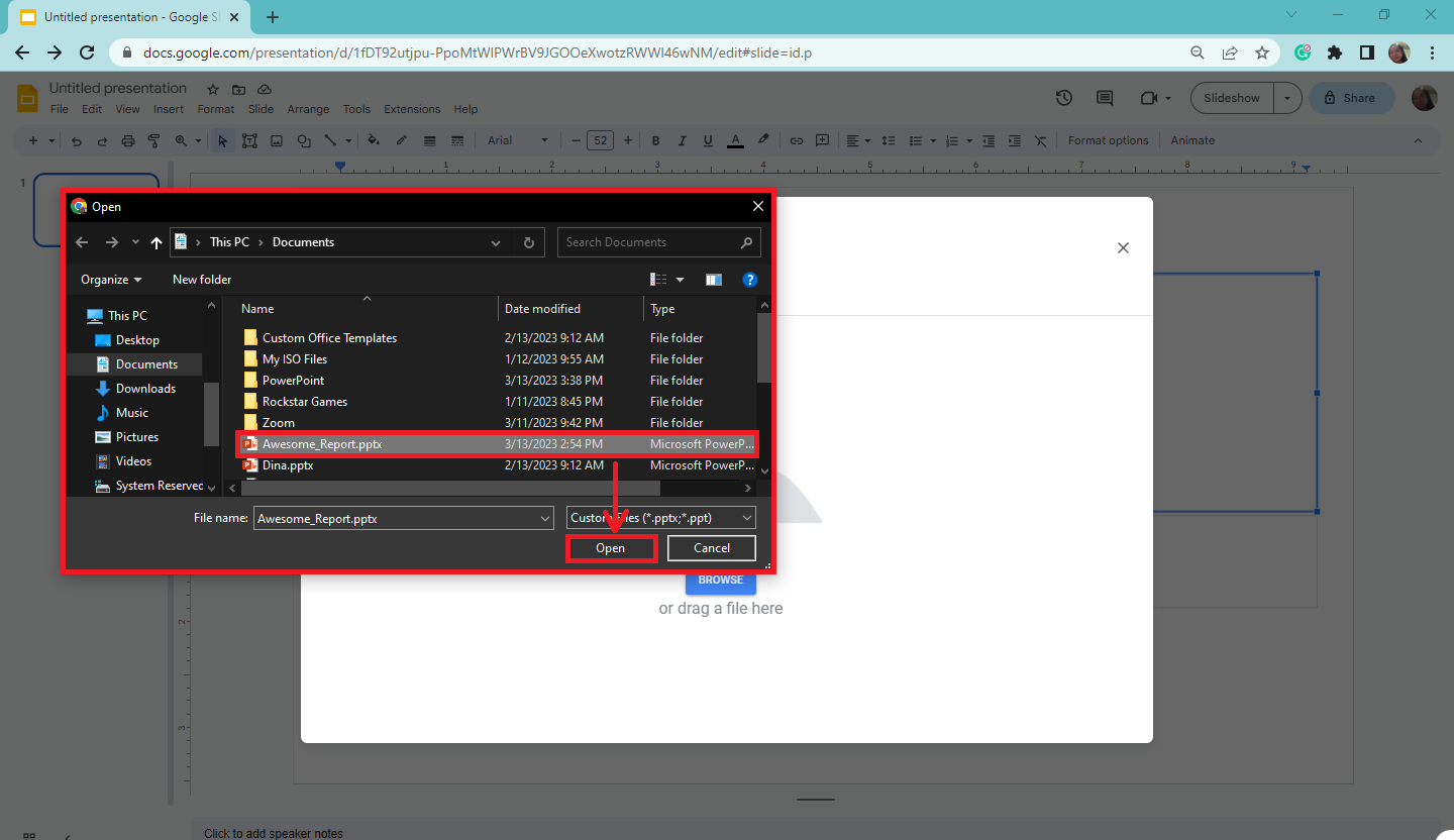 Select the PowerPoint presentation file in your computer files and select "Open."