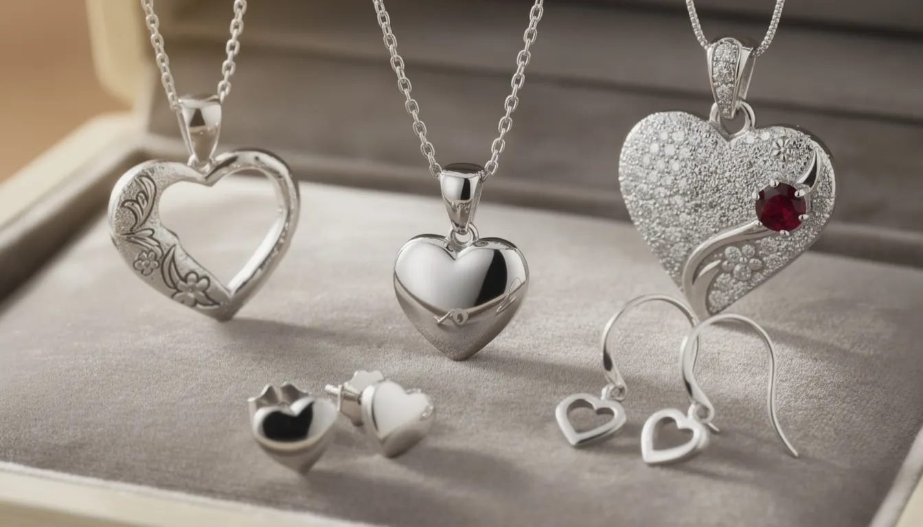 The image features a stunning sterling silver heart pendant necklace, showcasing its polished and elegant design, perfect for both everyday wear and special occasions. Accompanying the necklace are matching sterling silver heart earrings, enhancing the overall look with a touch of sophistication.