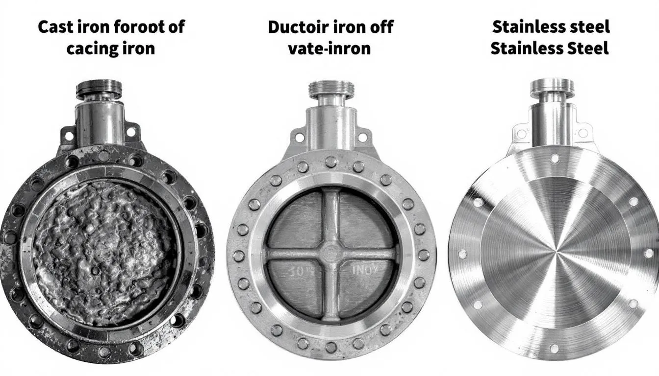 The image displays a comparison of gate valve materials, highlighting the differences in construction between cast iron, ductile iron, and stainless steel. Each valve features distinct characteristics such as the body design, thrust collar, and pressure rating, showcasing their suitability for various applications in fluid control systems.