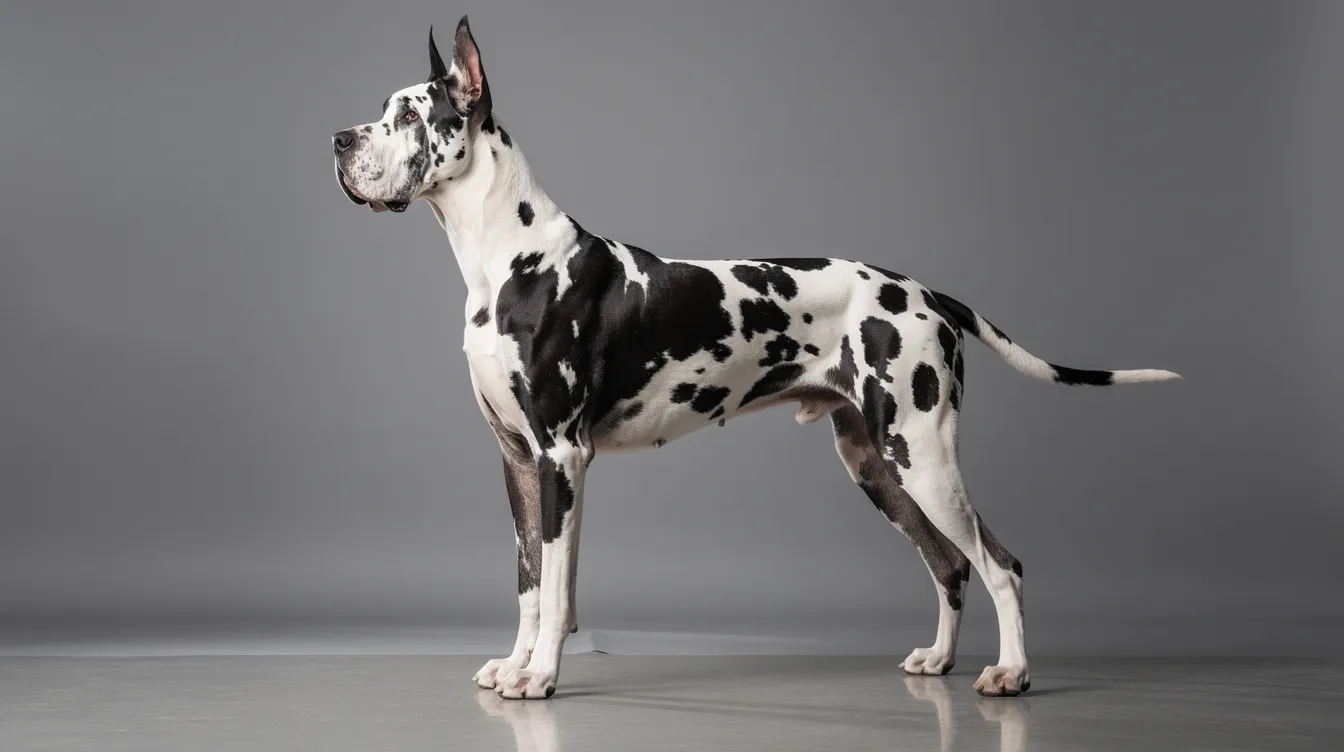 A tall Great Dane in a striking harlequin coat pattern stands in profile, showcasing its elegant build and gentle temperament. This giant breed, known for its regal appearance, is often referred to as the "Apollo of dogs" due to its impressive stature.