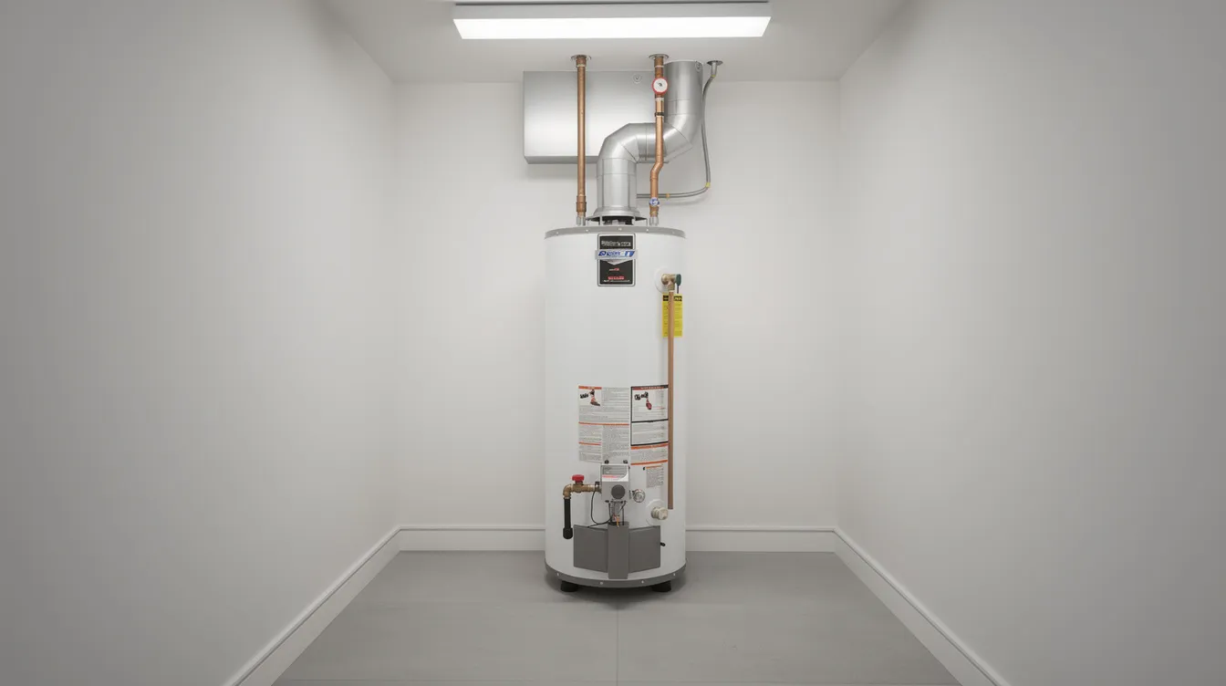 The image depicts a water heater situated in a home utility closet, surrounded by clear floor space and illuminated by overhead lighting. This setup ensures easy access for plumbing repairs and maintenance, highlighting the importance of keeping plumbing systems, like water heaters, in good working condition to avoid leaks and other plumbing issues.