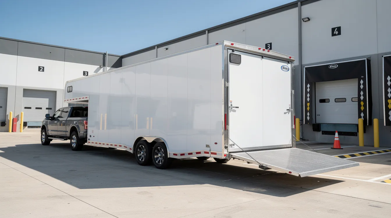 An enclosed auto transport trailer is parked at a loading facility, ready for vehicle shipment. This professional setup ensures safe and secure transportation for cars, providing a hassle-free experience for those looking for reliable Alaska car transport services.
