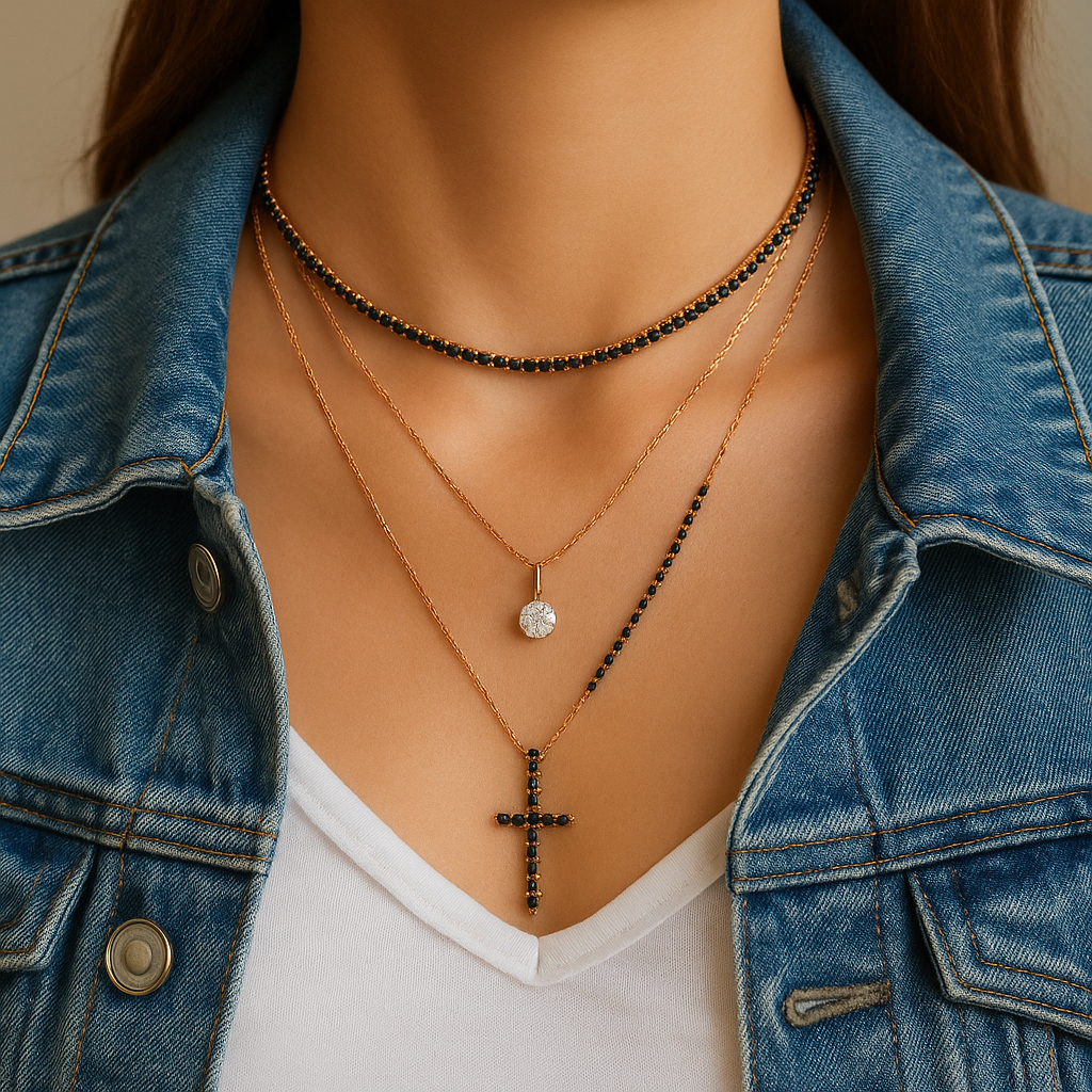 Ant moters kaklo trys auksinės grandinėlės skirtingo ilgio – choker tipo tennis grandinėlė su deimantais, vidutinio ilgio grandinėlė su deimantiniu pakabuku ir ilgesnė grandinėlė su juodu deimantu deimantiniu kryželiu