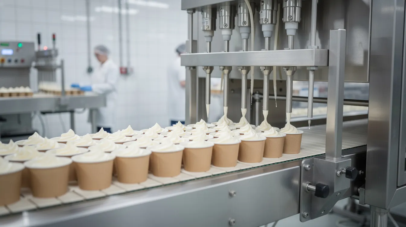 474b9035 99ba 4113 8a83 a3d82b11a5d1 The image depicts an automated ice cream filling line in a manufacturing plant, showcasing cups moving along a stainless steel conveyor belt in a factory setting. This scene highlights the ice cream manufacturing process, essential for meeting the increasing market demand for frozen desserts.
