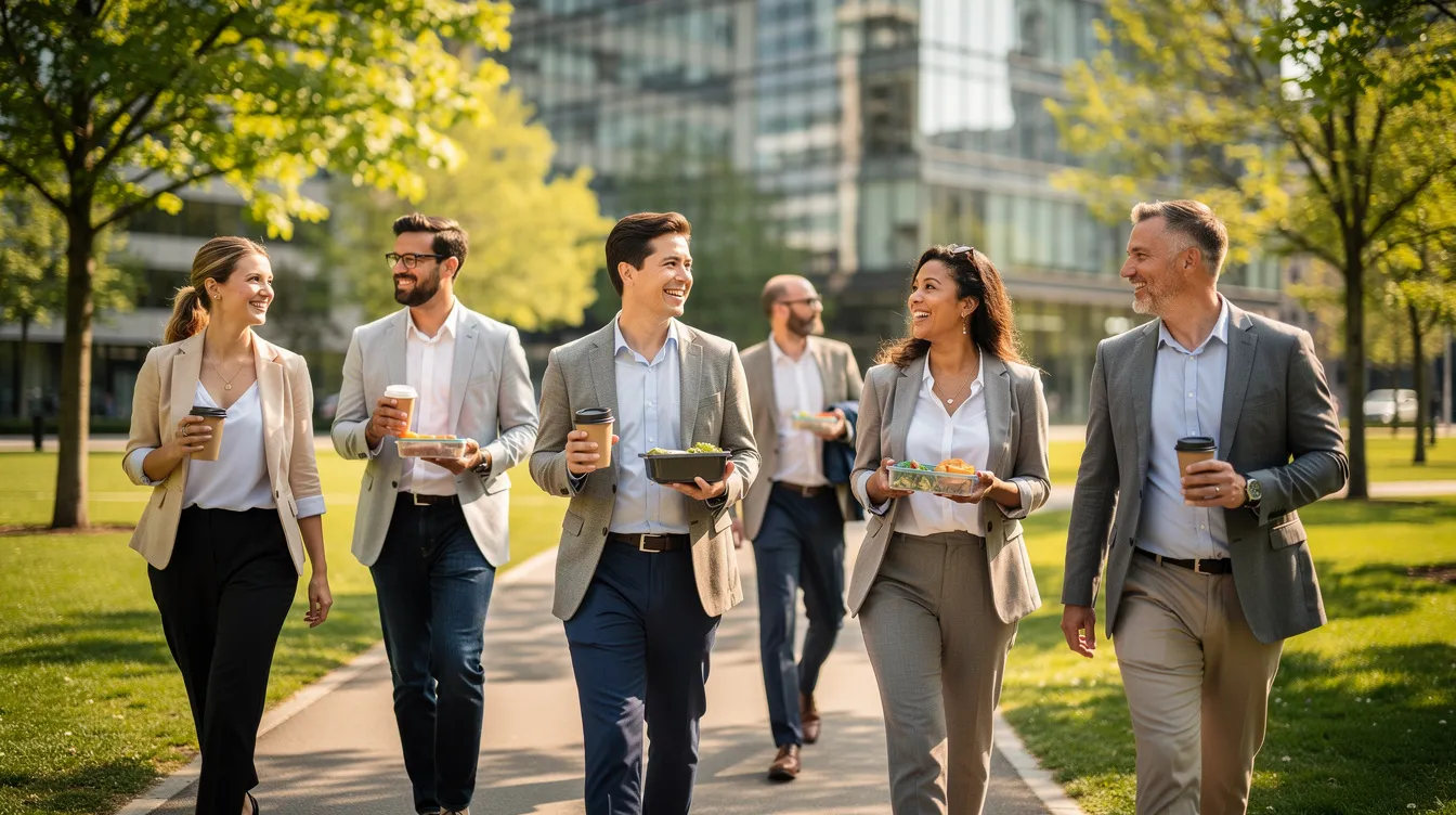 Des collègues marchent ensemble dans un parc près de leur bureau pendant une pause déjeuner, affichant un état d'esprit positif et une attitude détendue. Cette scène illustre l'importance du bien-être et des relations au travail, contribuant à une vie professionnelle épanouissante.