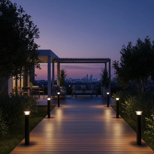 Pathway bollard lights illuminating a wooden walkway leading to a cozy outdoor patio.