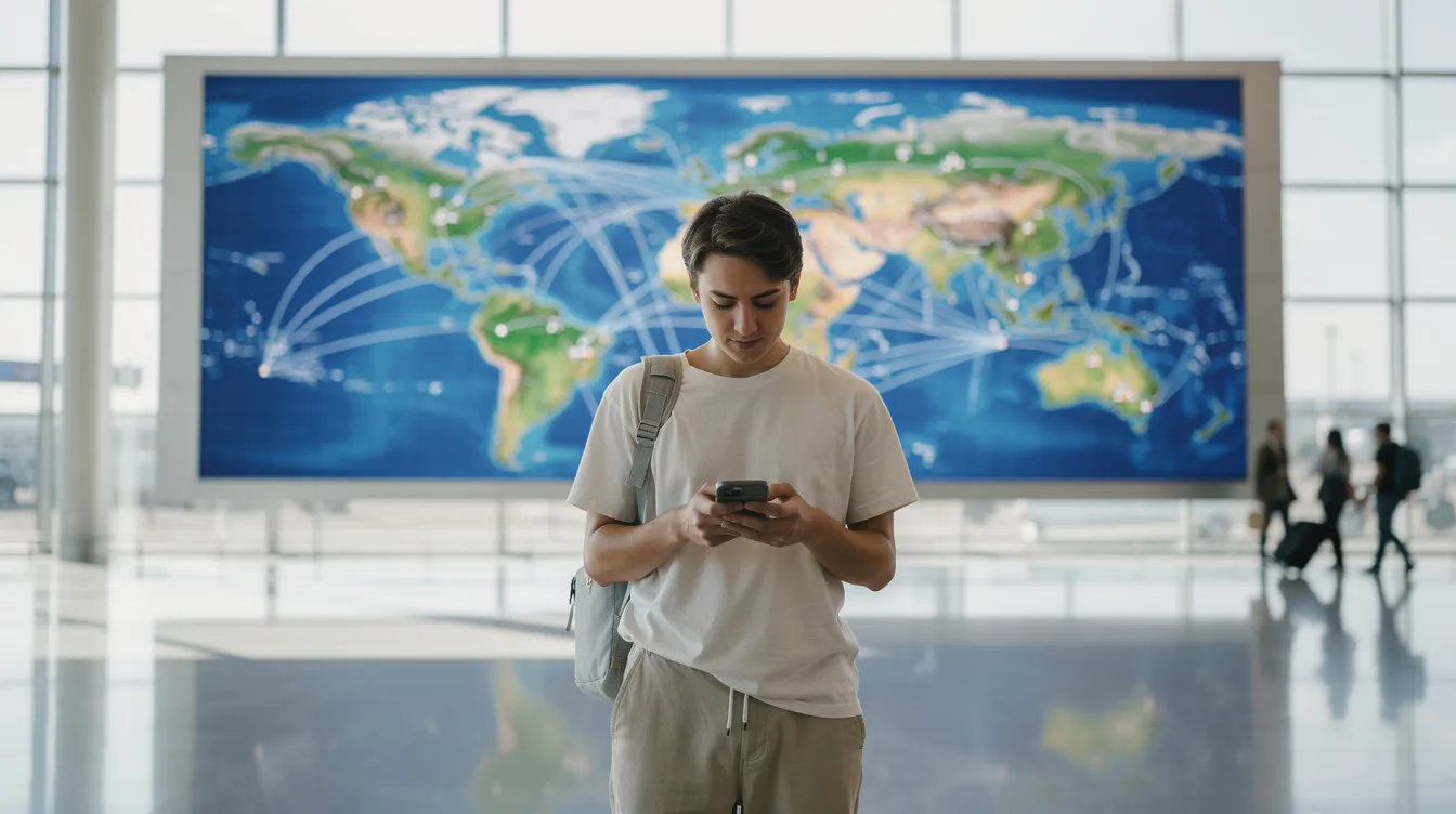 A traveler at the airport is checking their phone, with a detailed world map visible in the background, possibly looking for information about sending money abroad or checking foreign exchange rates. The scene captures the essence of modern travel and financial transactions, reflecting the advanced technology used by state bank customers for international money transfers.