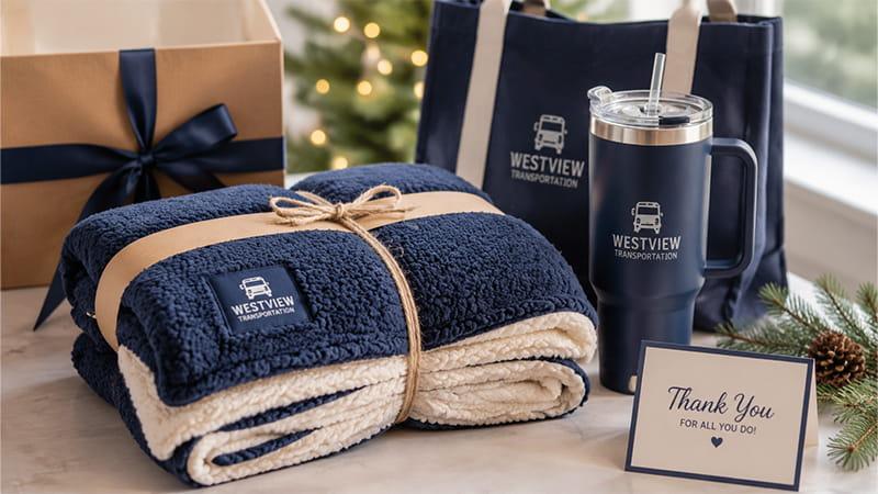 Personalized sherpa blanket, tumbler, tote bag, and thank-you card for year-end driver appreciation