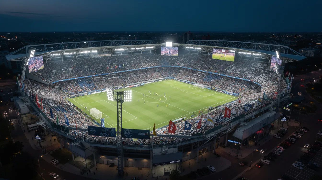 An aerial view captures a packed football stadium during an evening match, with bright floodlights illuminating the pitch and creating an electric atmosphere. Fans are cheering enthusiastically, showcasing the excitement of the game, reminiscent of the thrill found in sports betting on UK betting sites.