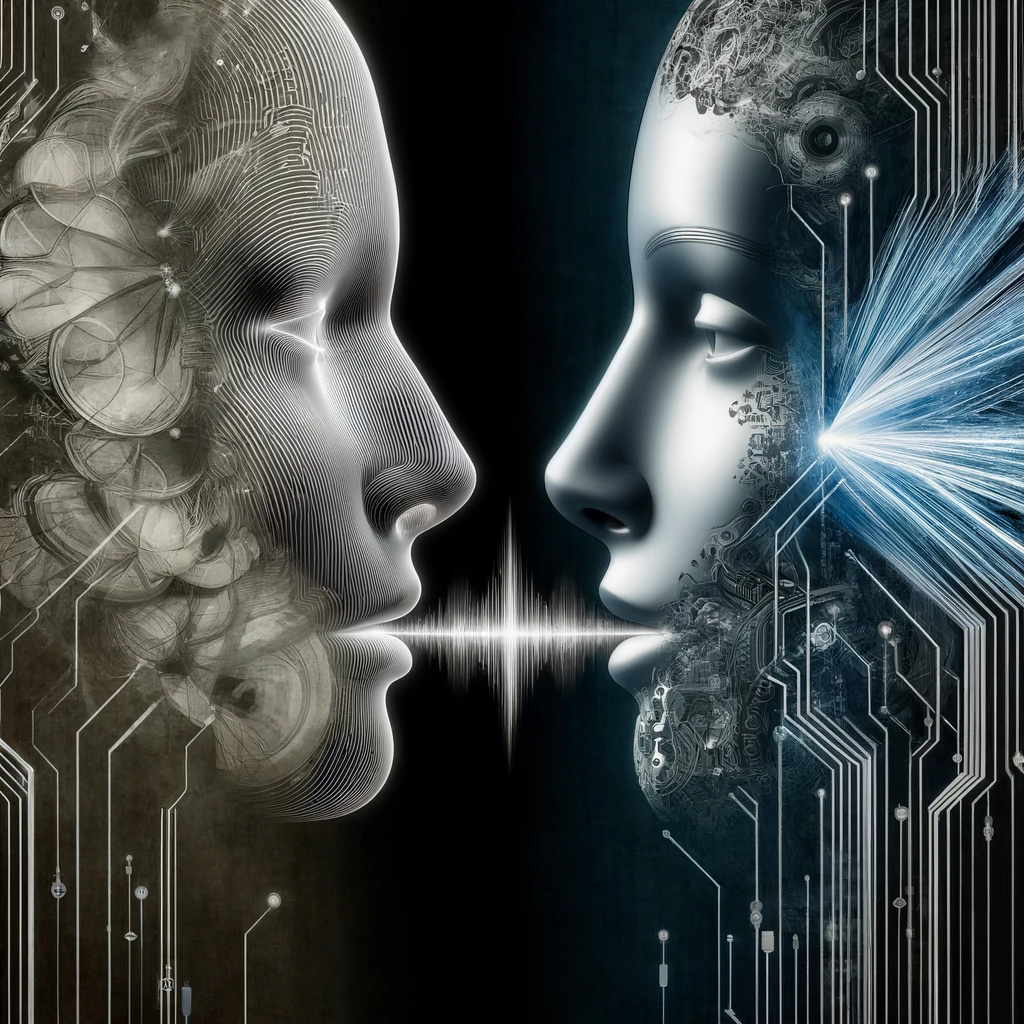 The image features a split view of two faces, one human and one robotic, connected by flowing lines of digital data and sound waves, symbolizing the transfer and cloning of voice characteristics. The design merges organic and technological elements, with a background that combines natural human textures with metallic and circuit-like patterns in shades of gray, blue, and white, creating a sophisticated technological atmosphere. This image vividly captures the essence of advanced voice cloning technology.