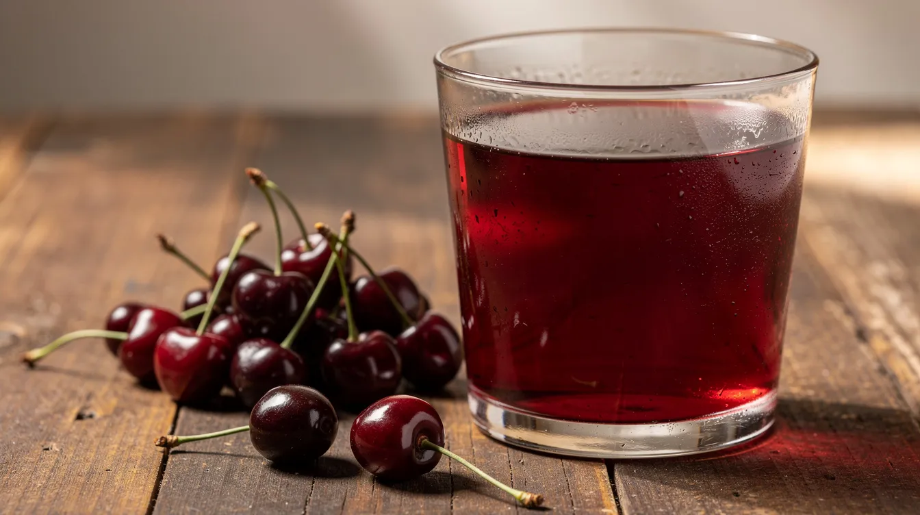 A small glass filled with deep red tart cherry juice sits on a wooden table, accompanied by fresh tart cherries. This tart cherry juice beverage is known for its potential sleep benefits, promoting relaxation and supporting healthy sleep patterns.