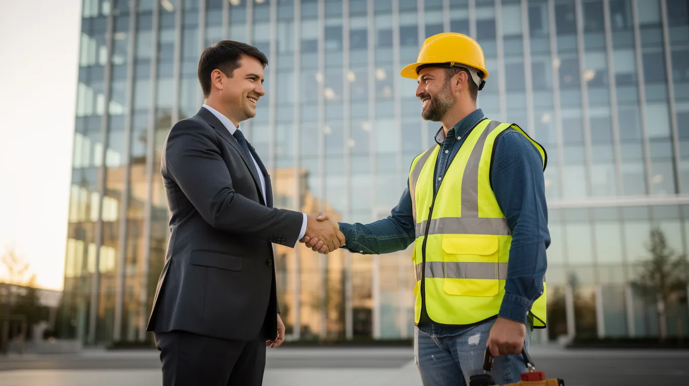 A business professional in formal attire shakes hands with a construction worker wearing a hard hat, set against the backdrop of a modern building. This image symbolizes collaboration in the construction industry, highlighting the importance of partnerships for professional growth and success in projects.