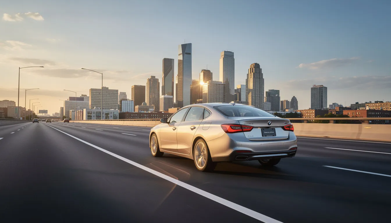 A silver sedan is driving on a wide highway, with a vibrant city skyline visible in the distance, perfect for road trips or long drives. This vehicle, known for its better gas mileage and fuel efficiency, is an ideal rental car choice for families or couples exploring urban landscapes.
