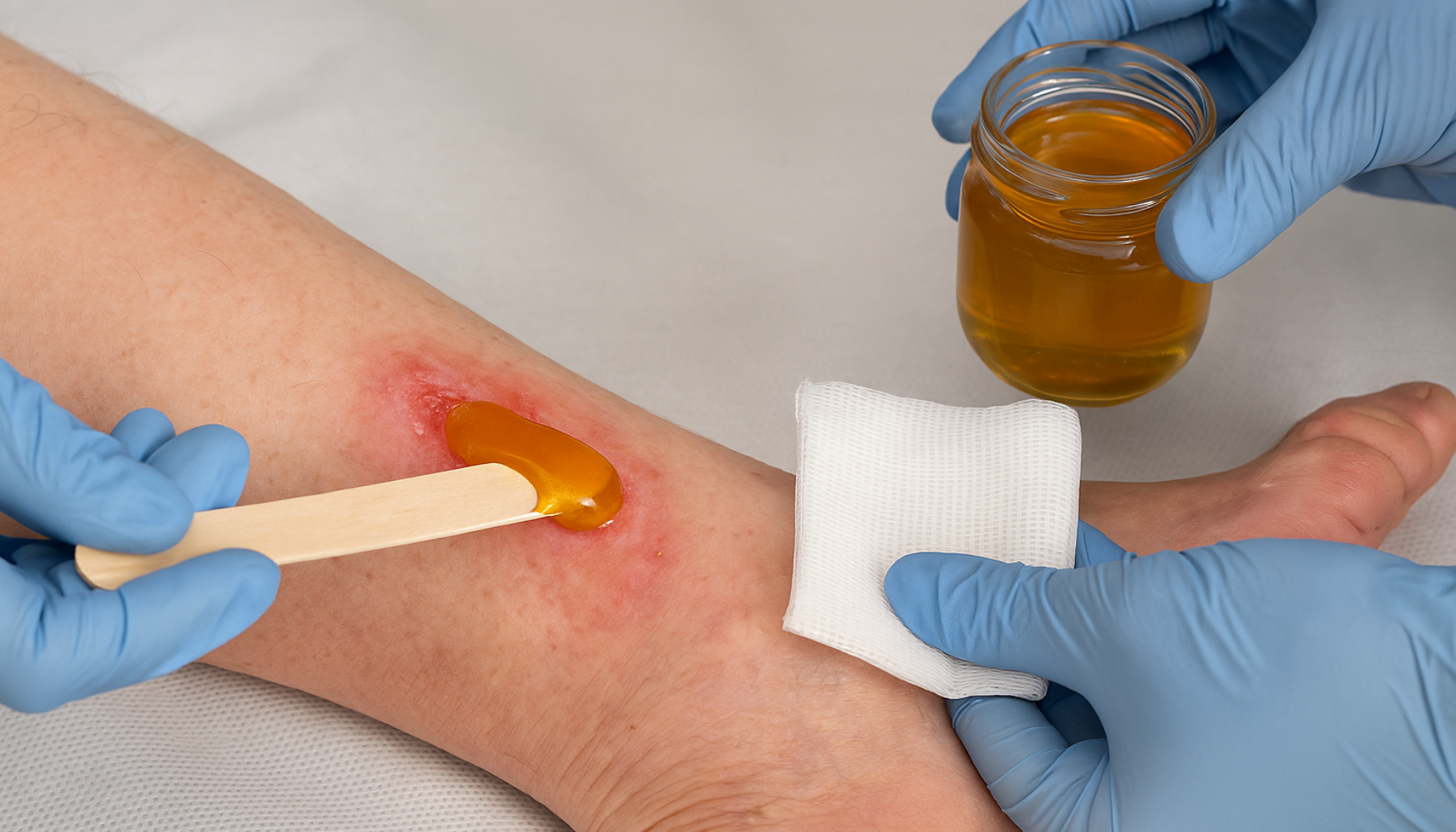 Medisinsk honning – Naturlig hjelp mot sår og infeksjoner 18 Medisinsk honning påføres et åpent sår på beinet med hansker og pinne som del av sårbehandling.