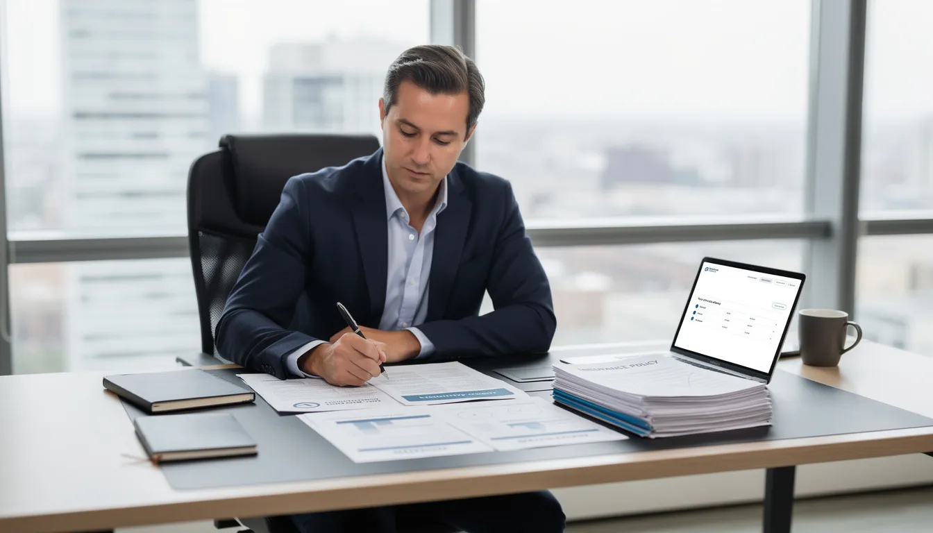 A business owner is seated at a modern desk, carefully reviewing various insurance documents, including key person disability insurance policies. This scene highlights the importance of financial protection and coverage for essential employees in maintaining business continuity and mitigating risks.