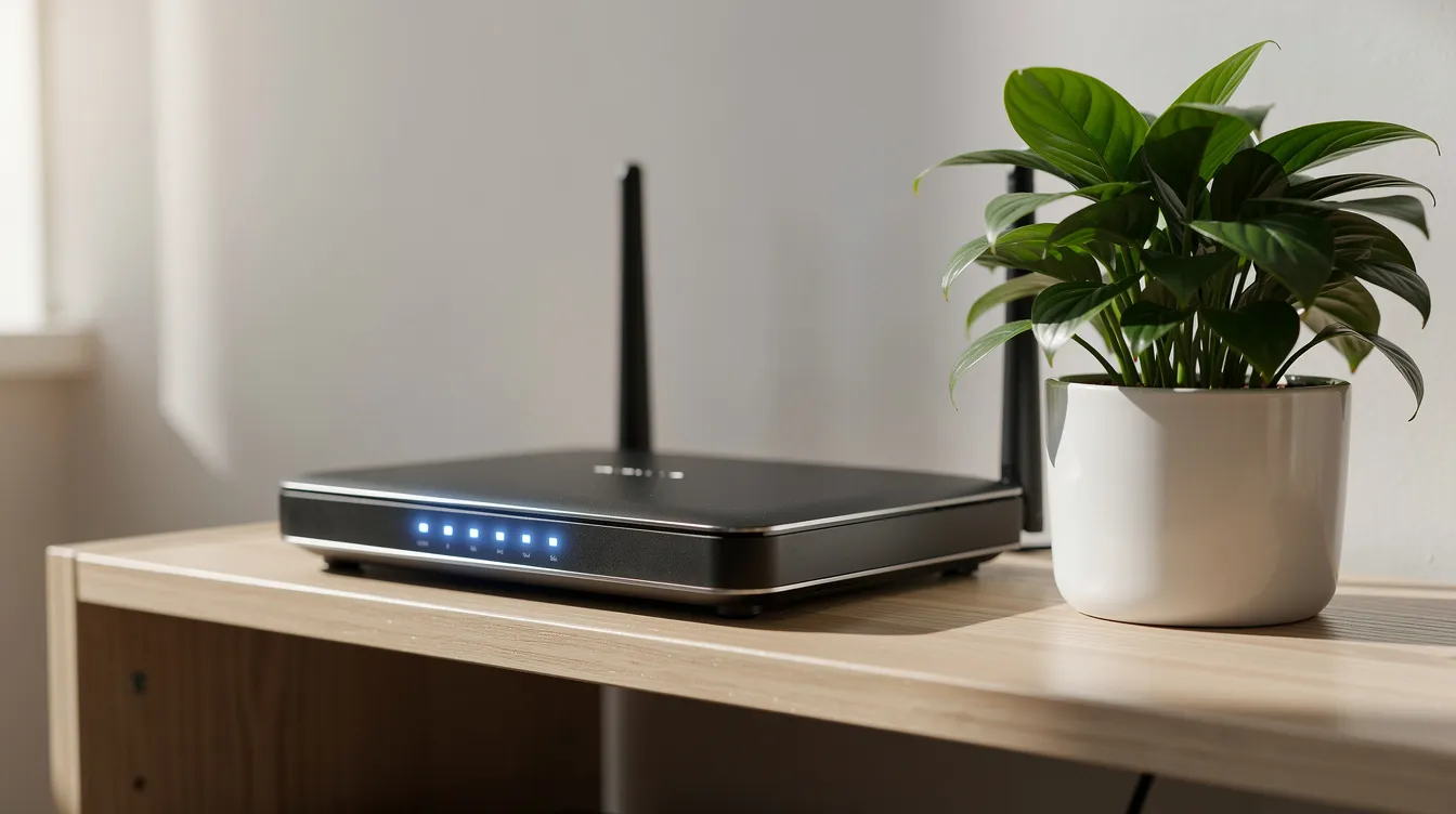 A modern WiFi router with blue LED lights is placed on a shelf next to a vibrant potted plant, symbolizing a seamless internet connection essential for streaming live TV channels and accessing various TV streaming services. The sleek design of the router complements the cozy setting, ideal for enjoying shows and live sports events.