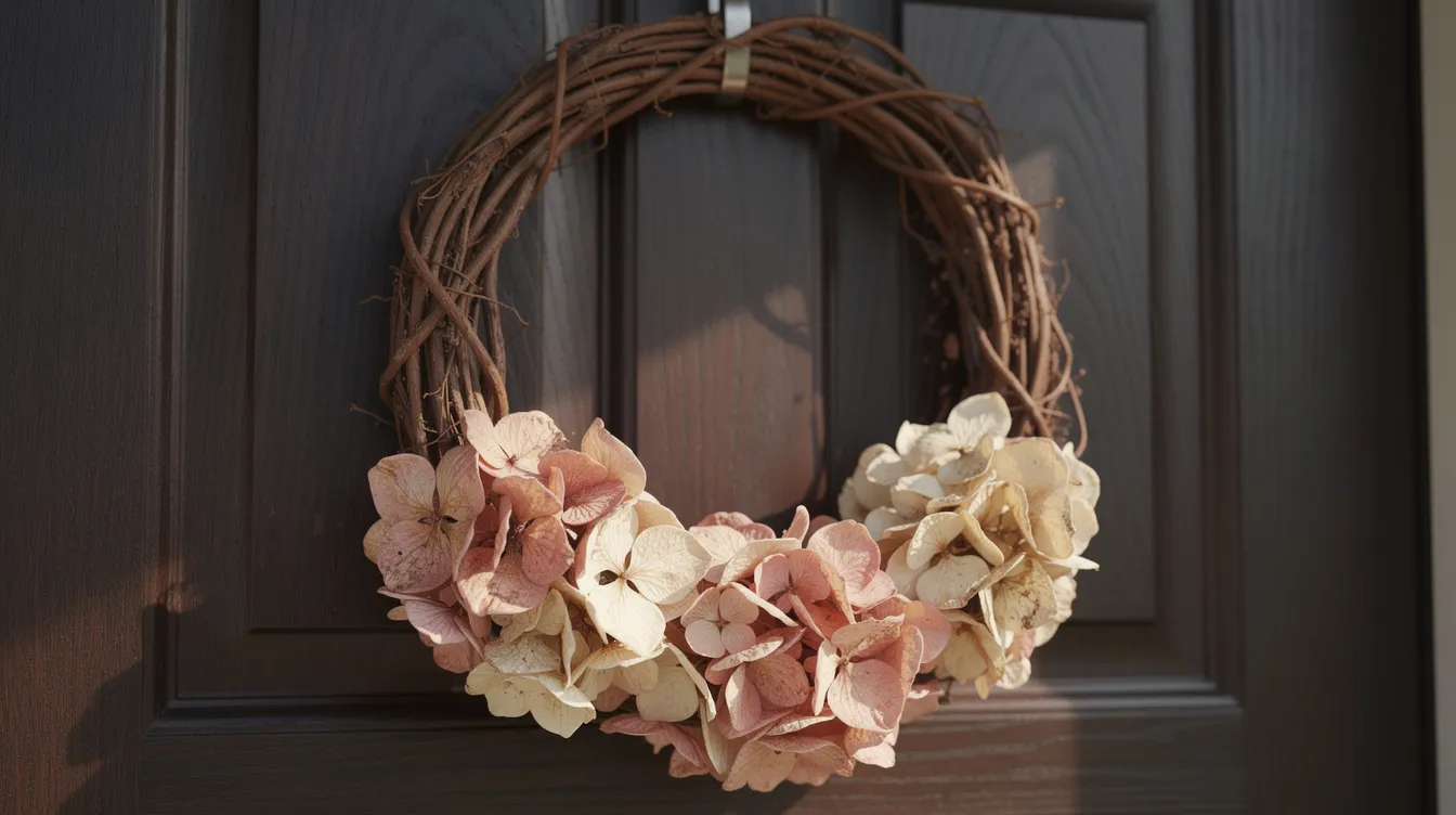 A grapevine wreath adorned with delicate dried hydrangea blooms in soft blush and cream hues hangs gracefully on a dark wooden front door, adding a touch of natural elegance to the entryway. The arrangement showcases the beauty of preserved flowers, perfect for enhancing the seasonal decor.