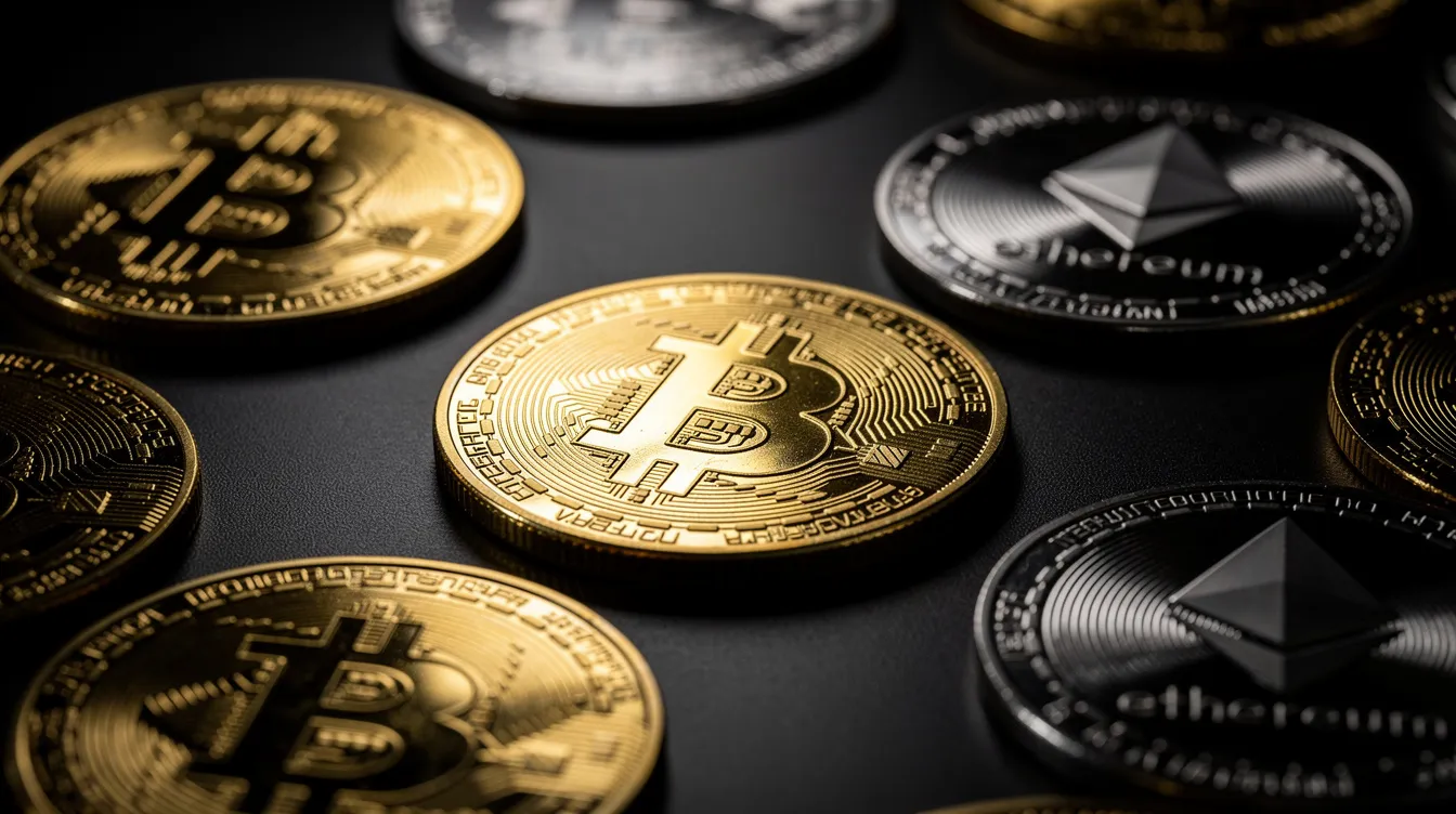The image features several gold and silver cryptocurrency coins, including Bitcoin and Ethereum, beautifully arranged on a dark surface, symbolizing the growing trend of digital currencies in online gambling. This scene reflects the intersection of cryptocurrencies and online casinos, highlighting options for players seeking non Gamstop casinos and UK licensed sites.