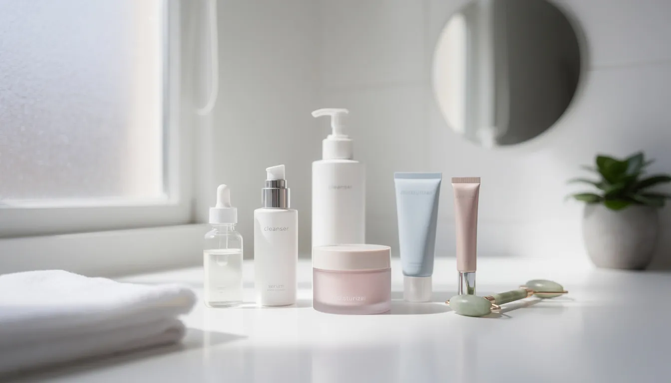 A collection of natural skincare products is neatly arranged on a bathroom counter, illuminated by soft morning light. These products, suitable for various skin types including sensitive and acne-prone skin, feature organic ingredients like aloe vera and vitamin C, emphasizing a gentle and effective natural skincare routine.