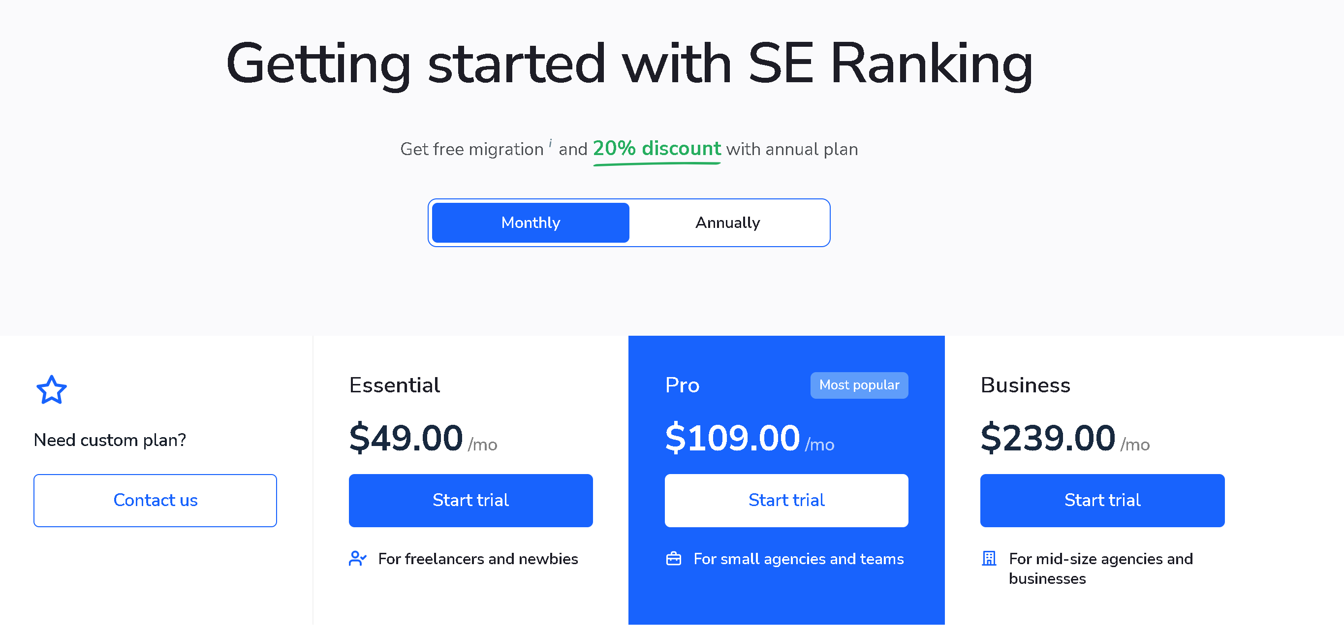 SE Ranking's monthly plan