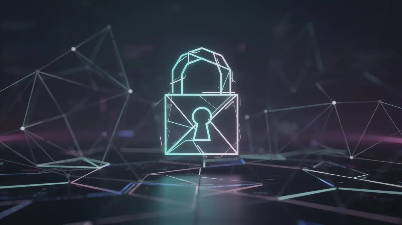 Das Bild zeigt ein digitales Schloss-Symbol vor einem abstrakten Hintergrund, der aus vernetzten Linien und Knotenpunkten besteht. Dieses Symbol steht für Sicherheit im Gesundheitswesen, insbesondere im Bereich der Online-Abrechnung und der Verwaltung von sensiblen Informationen wie E-Mail-Adressen und Passwörtern.