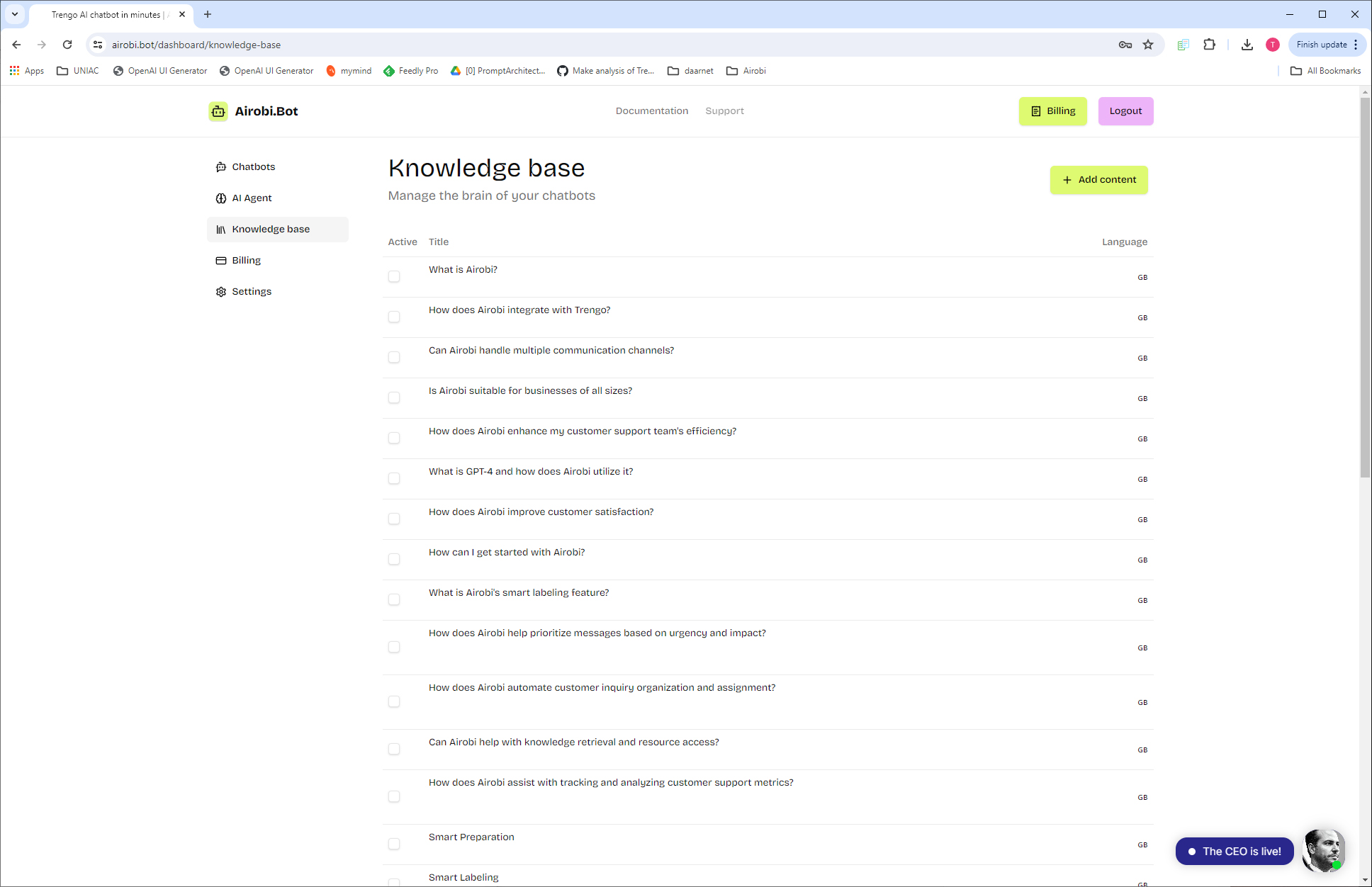 screenshot overview knowledgecenter Trengo