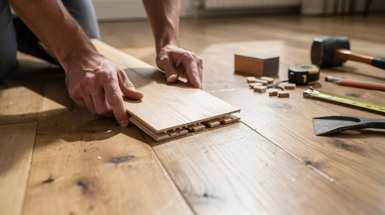 Hardwood Floor Repair Process: A Comprehensive Guide for Homeowners 2 A pair of hands is carefully installing a new oak plank into an existing hardwood floor, surrounded by tools such as a circular saw and a putty knife. This hardwood floor repair process aims to restore the floor's finish by replacing damaged boards with new ones, ensuring a smooth surface and matching the original color.