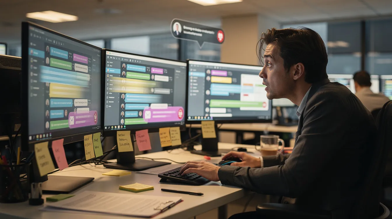 Une personne assise à un bureau, entourée de plusieurs écrans affichant des notifications, semble dispersée et sous pression dans son environnement de travail. Cette scène illustre les défis du quotidien des commerciaux dans le cadre de leur processus de vente, où l'écoute active et l'organisation sont essentielles pour répondre aux besoins des clients.