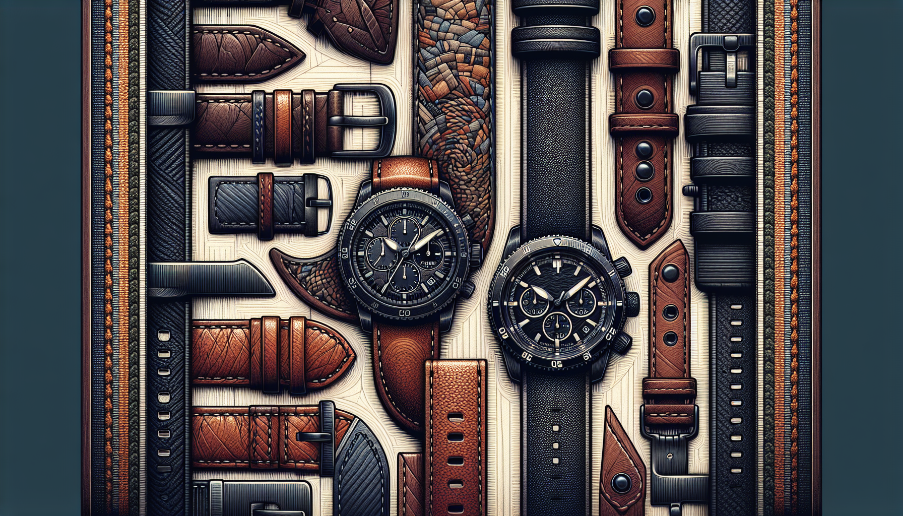 Variety of 21mm watch straps including leather, canvas, and rubber