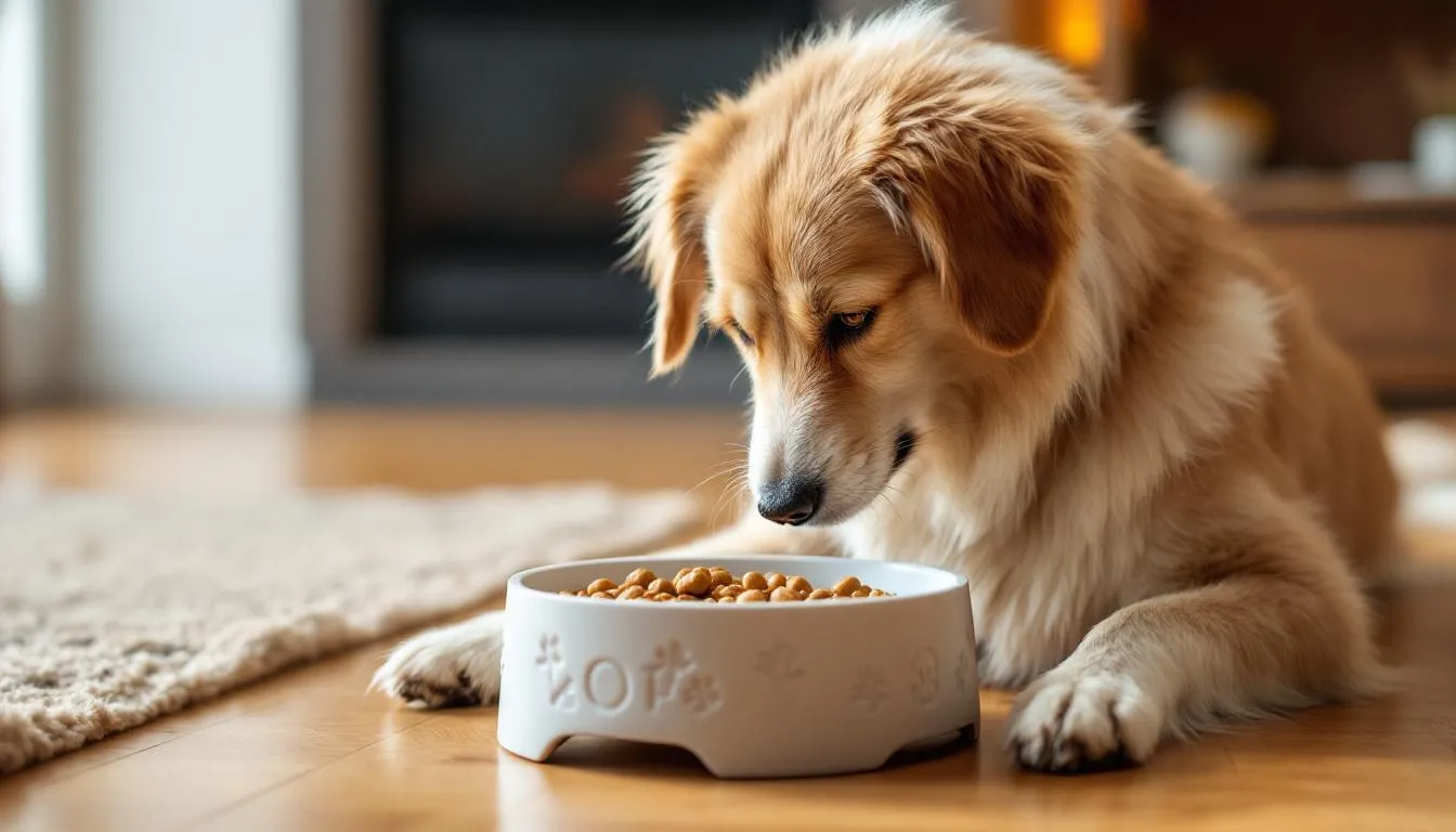 A calm adult dog is eating from a specialized slow feeder bowl, designed to promote smaller portions and prevent gulping, which can lead to swallowing air and trigger hiccups in dogs. The dog