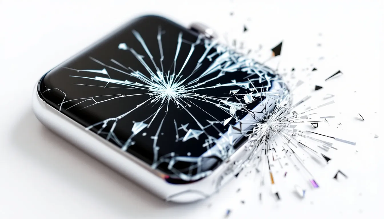 Rozbity ekran Apple Watch 9, z widoczną zbitą szybką.