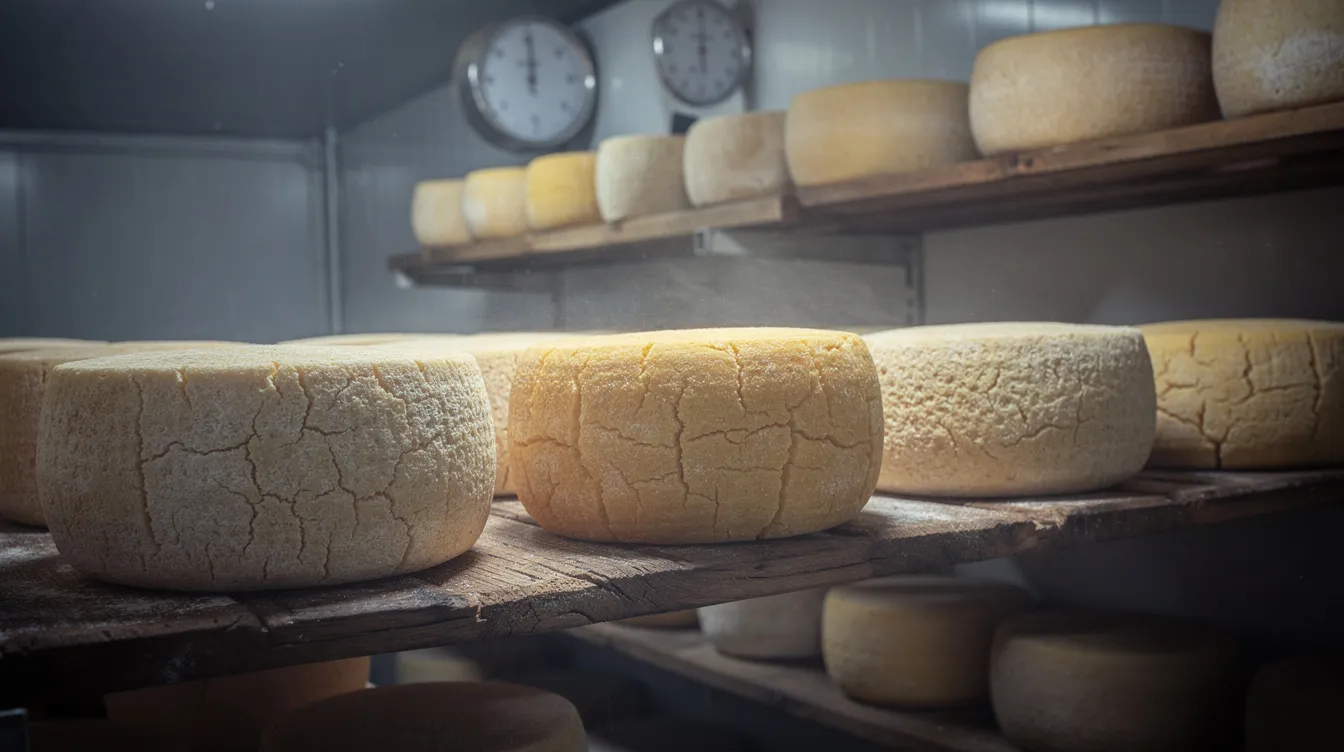 Wheels of cheese are aging on wooden shelves inside a temperature-controlled ripening room, showcasing the cheese manufacturing process in a dedicated cheese manufacturing plant. The scene highlights the importance of proper conditions for cheese production to meet market demand and ensure economic viability.