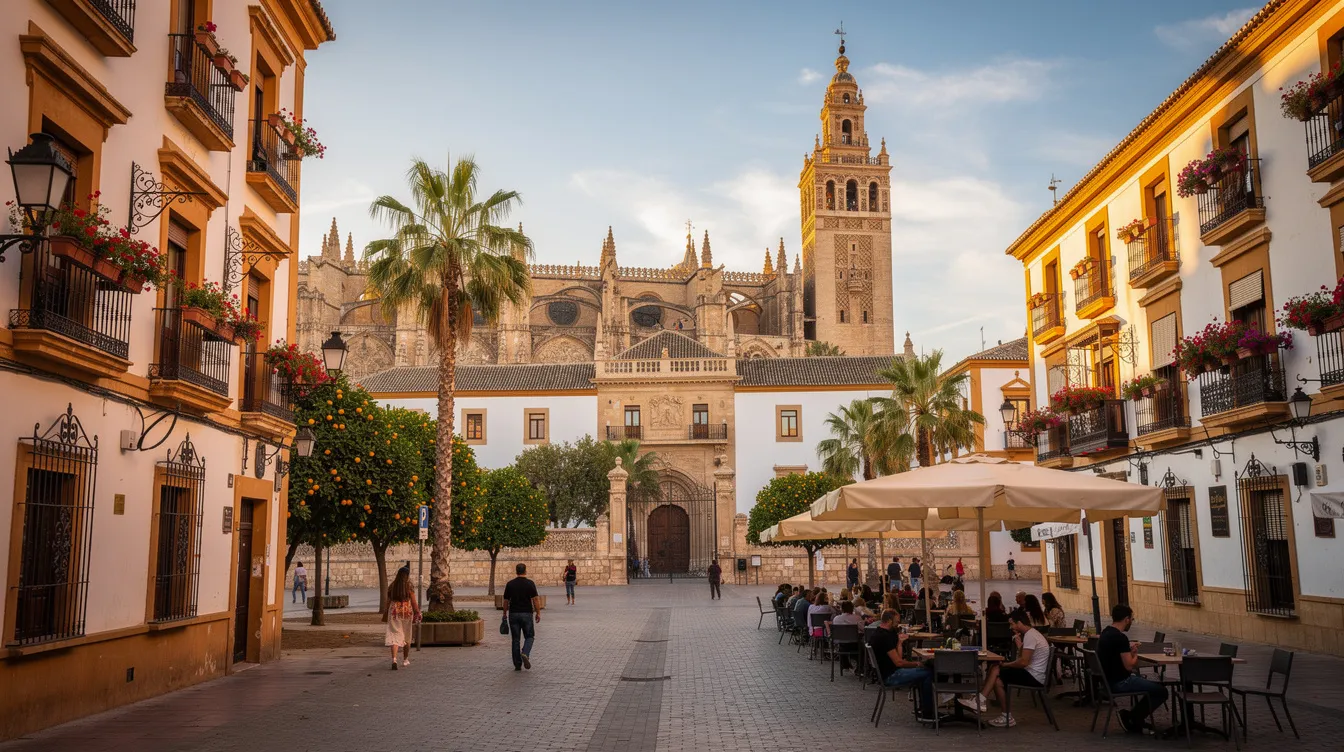A imagem retrata a cidade de Sevilha, na Espanha, destacando sua rica história e cultura vibrante, com arquitetura impressionante e ruas charmosas, ideal para uma viagem em família. O cenário inclui elementos típicos do turismo na região, proporcionando uma experiência única aos visitantes.